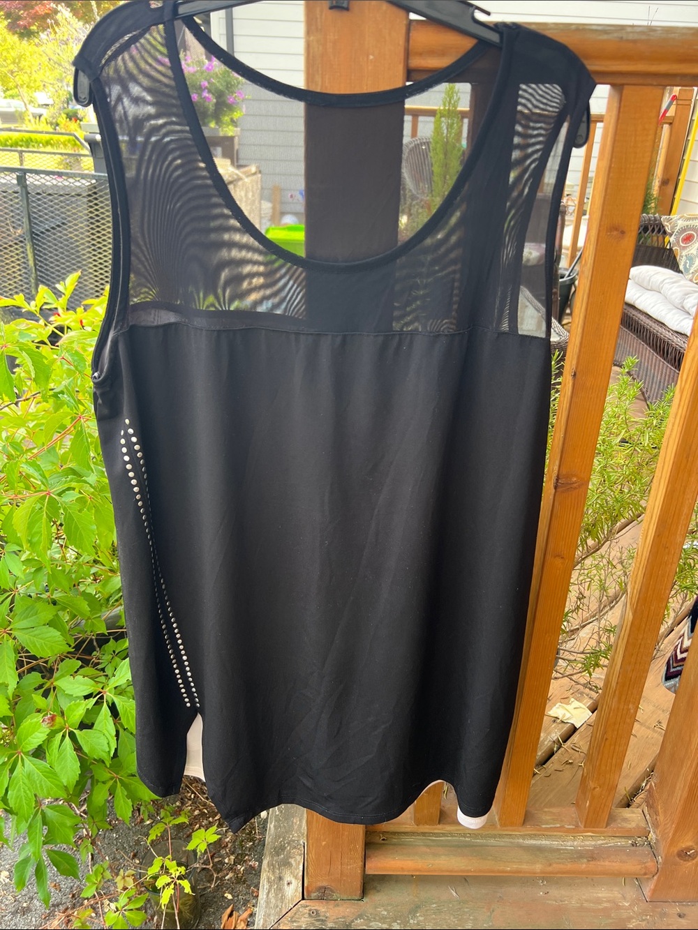 Black Sleeveless Mesh Yoke Mini Dress with Stud Accent